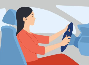 Araba süren bir kız. Pembe giysili ve kırmızı uzun etekli bir araba süren kız. Vektör resmi