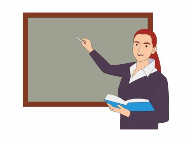 Sınıfta karatahta dersi alan bayan öğretmen. Puanlı öğretmen, öğretmen tahtada gösteriyor.vektör resmi