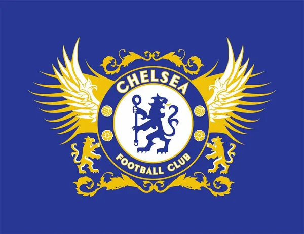 The Blues Chelsea FC 'de. İngiltere futbol kulübü. Mavi arkaplanda logo... vektör resmi
