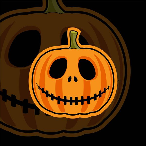 Halloween pumpkin on black background. Orange pumpkin with smile for the holiday Halloween. Vector image