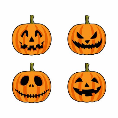 Cadılar Bayramı balkabağı koleksiyonu. Cadılar Bayramı 'nda gülümseyen turuncu balkabağı. Vektör resmi