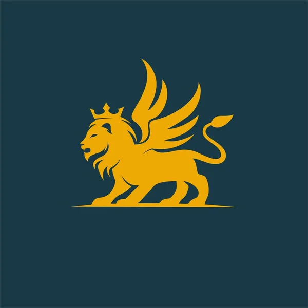Sylwetka Złoty Lew Koroną Skrzydłami Prostu Logo Maskotki Projekt Wektor — Wektor stockowy