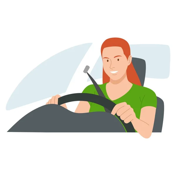 Girl Driving Car Flat Illustration Vector Image — Vettoriale Stock