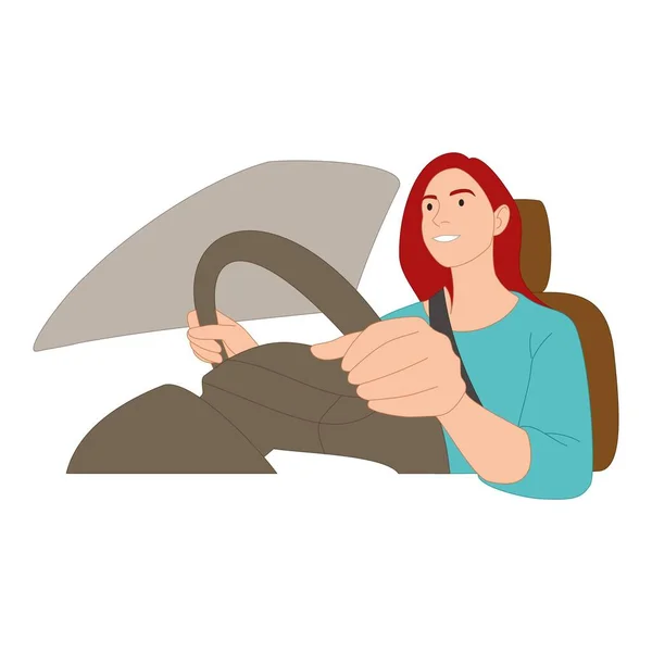 Girl Driving Car Flat Illustration Vector Image — Stock vektor