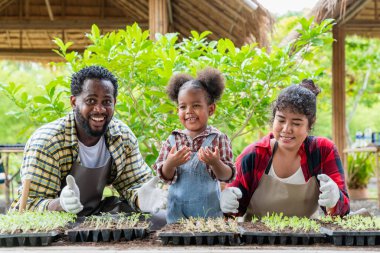 Mutlu bir aile mini demliğe fidanlar ekiyor. Bu da başka bir boş zaman aktivitesi..
