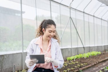 Endüstriyel seradaki tarım araştırmacıları gelecekte daha iyi sonuçlar elde etmek için tarımsal araştırma kompleksi için bilgisayarları analiz edip tutuyorlar..