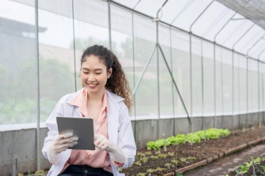 Endüstriyel seradaki tarım araştırmacıları gelecekte daha iyi sonuçlar elde etmek için tarımsal araştırma kompleksi için bilgisayarları analiz edip tutuyorlar..