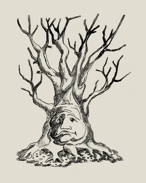 Stare Nie Wesołe Drzewo Twarzą Ręczny Rysunek Szkic Ołówka — Zdjęcie stockowe
