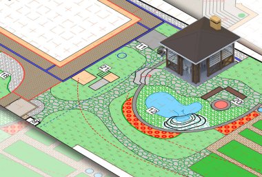 Bahçe evi bir kağıt parçasının üzerinde duruyor. Isome view. 3d oluşturma. 