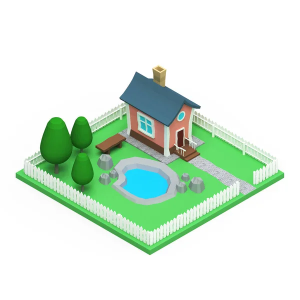 Cartoon House Pond Isometry Rendering — Stock Photo, Image