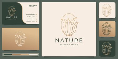 Minimalist nature flower logo line art style with business card . logo for beauty, cosmetics, yoga and spa. Premium Vector