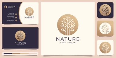 Hand drawn nature logo and modern tree flat circle shape concept design with business card template. Premium Vector