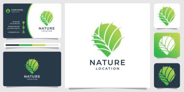 Nature leaf logo with location flat concept. Symbol leaf stem and pin point marker design, negative space, nature, gradient with business card template. Premium vector