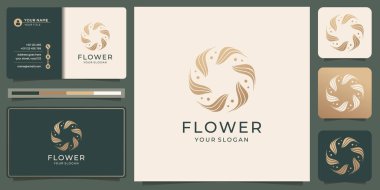 Hand drawn feminine beauty flower and circular concept botanical logo for spa salon skin care with business card template. Premium Vector
