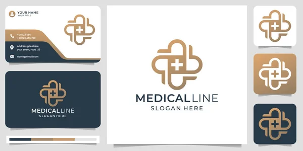 Monogram Medical Line Logo Business Card Template Health Medic Line — Stockvektor