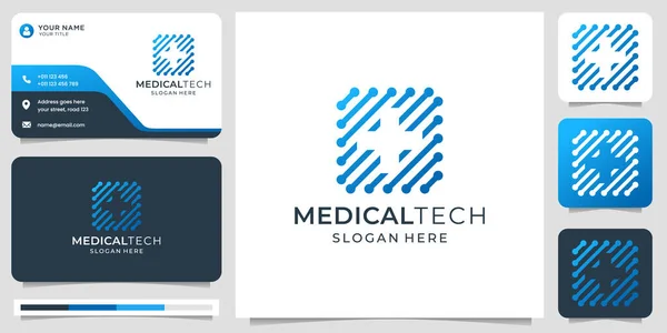 medical tech logo design. negative space in square with tech dot concept and business card template. premium vector
