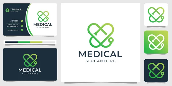 Medical logo with creative modern line art style and business card design template . Premium Vector