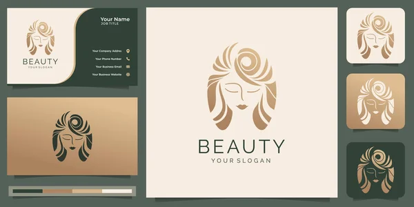 Woman logo beauty hair. luxury,salon,spa, concept , silhouette ,flat design with business card template. Premium Vector
