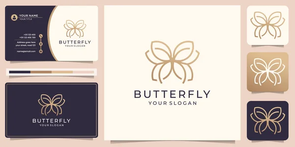 minimalist butterfly logo. luxury line art style shape concept design. jewelry logo linear vector, nature, gold, simple, balance, elegant design with business card template. premium vector