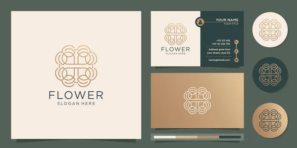 Abstract flower logo line art style. slim design with business card template. Premium Vector