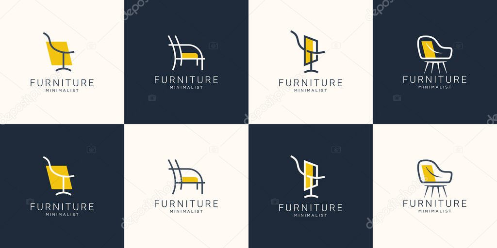 set of Minimalist furniture logo with chair for store.outline logo design, style, line.abstract,interior,monogram,Furnishing design template illustration. Premium Vector