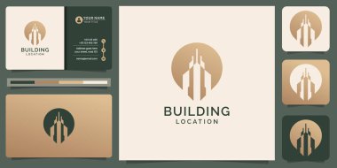 Creative building logo combined location pin symbol, gold, builder, point, design element and business card template. Premium Vector
