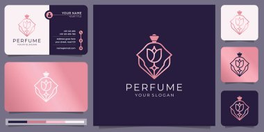 creative rose gold perfume logo template. luxury bottle perfume logo and business card design.