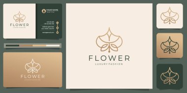 minimalist flower line logo design with business card template. creative floral line luxury fashion.