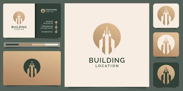 Creative Building Logo Combined Location Pin Symbol Gold Builder Point —  Vetores de Stock