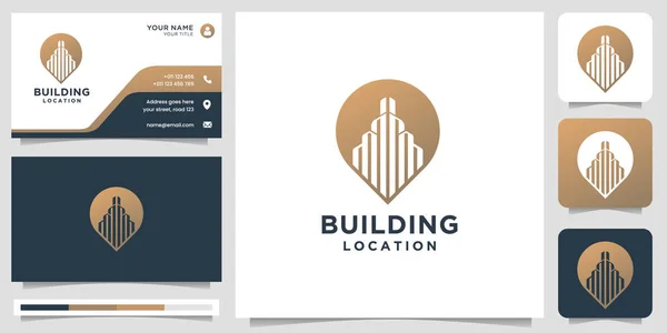 Creative Building Logo Location Pin Marker Concept Logo Business Card —  Vetores de Stock