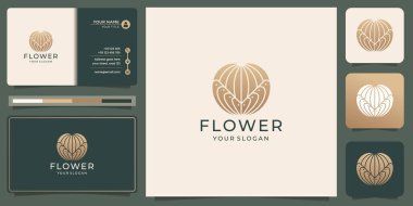 yaratıcı mono çizgisi siluet şekil çiçek logosu soyut altın rengi ve kartvizit tasarımı.