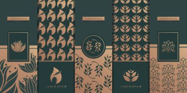 Lüks logo ve altın ambalaj tasarımı lüks nilüfer, zeytin, sağlık, çiçek, desen. Premium Vektör.