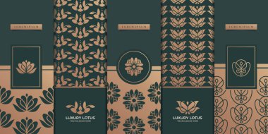 Lüks logo ve altın ambalaj tasarımı. Doğa, lüks nilüfer, refah, çiçek, desen. Premium Vektör.