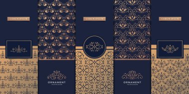 Minimalist lüks altın logo ve ambalaj tasarım şablonu. Süslü, süslü çerçeveler, desen.