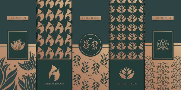 Lüks logo ve altın ambalaj tasarımı lüks nilüfer, zeytin, sağlık, çiçek, desen. Premium Vektör.