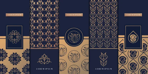 Paketleme şablonu için lüks altın tasarım. çiçek, doğa, desen, arkaplan minimalisti.