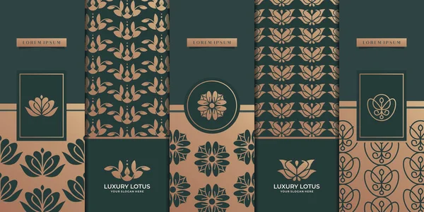 Lüks logo ve altın ambalaj tasarımı. Doğa, lüks nilüfer, refah, çiçek, desen. Premium Vektör.