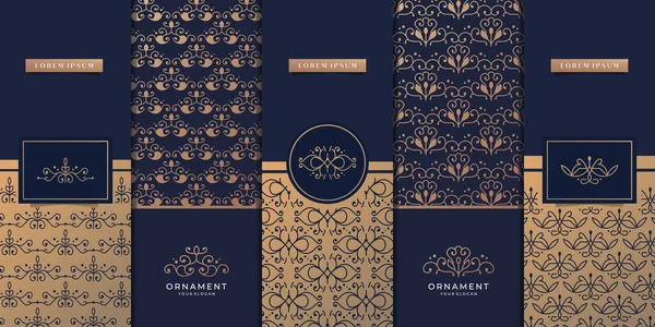 Minimalist lüks altın logo ve ambalaj tasarım şablonu. Süslü, süslü çerçeveler, desen.