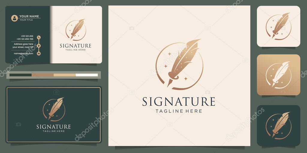 Minimalist quill feather design.pen signature handwriting circle frame logo and business card design