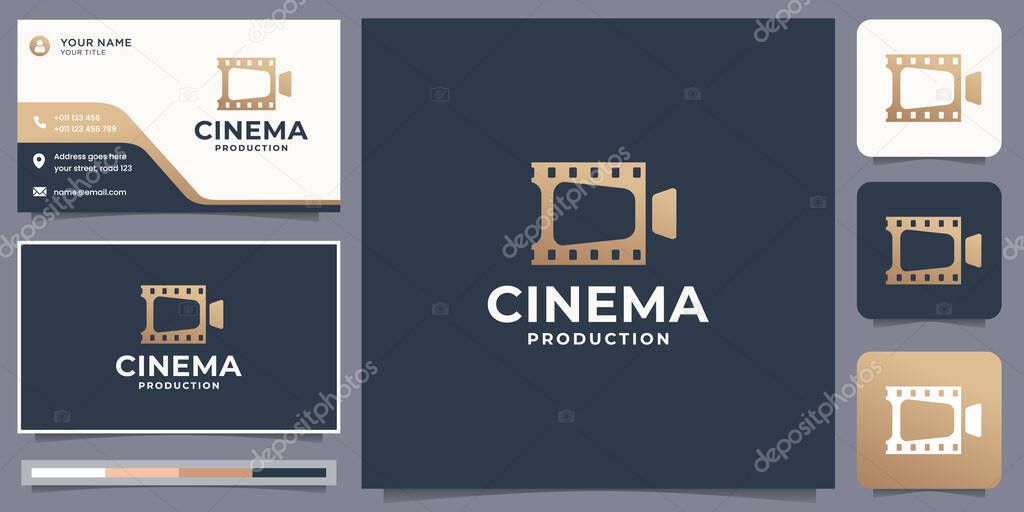 Film stripes with camera for movie scenario logo design and business card template. Premium Vector