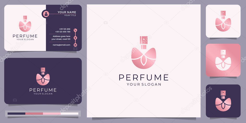 Rose gold perfume bottle inspiration. logo and business card design template for fashion, feminine.