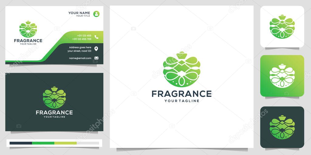 Perfume spray bottle design template with leaf abstract style and business card design.
