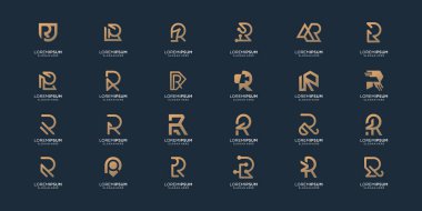 Monogram ilk R logosunu ayarlayın. Altın renk tasarımı, harf r tasarım kolleksiyonu.