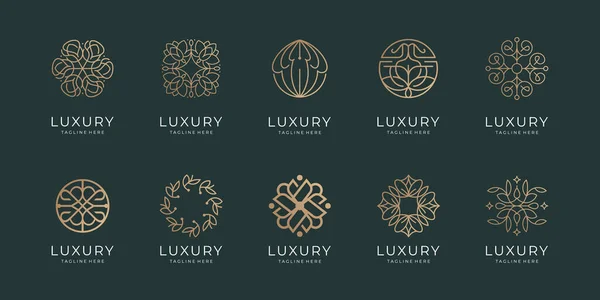 Luxury line art beauty flower, rose, feminine spa, circular concept and leaves set logo collection.