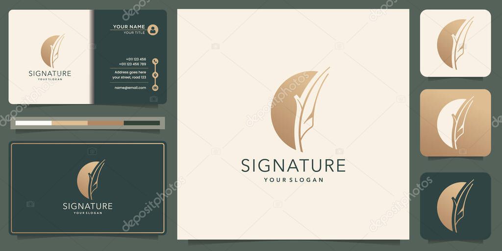 Feather silhouette ink logo design inspiration with business card template. signature feather quill.