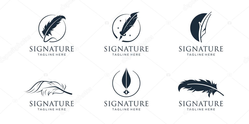 Set of quill signature logo design inspiration.feather logo,classic quill,pen writer,minimalist logo