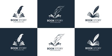 Bir dizi kitap hikayesi logosu tasarımı ilham kaynağı. not ve kalem logo tasarımı koleksiyonu.