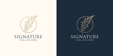 minimal quill signature logo template. inspiration luxury feather with circle frame concept.