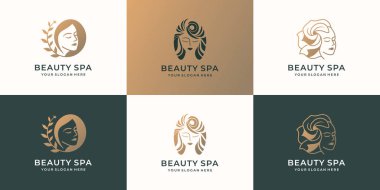 Güzel kadın logosu seti. Kadın güzellik spası kadın saç stili, altın rengi, güzellik logosu.