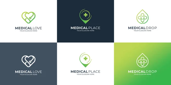 Yaratıcı tıbbi logo kalıpları. Tıbbi aşk, konum, düşüş. Tıbbi logo markalaştırma modern set